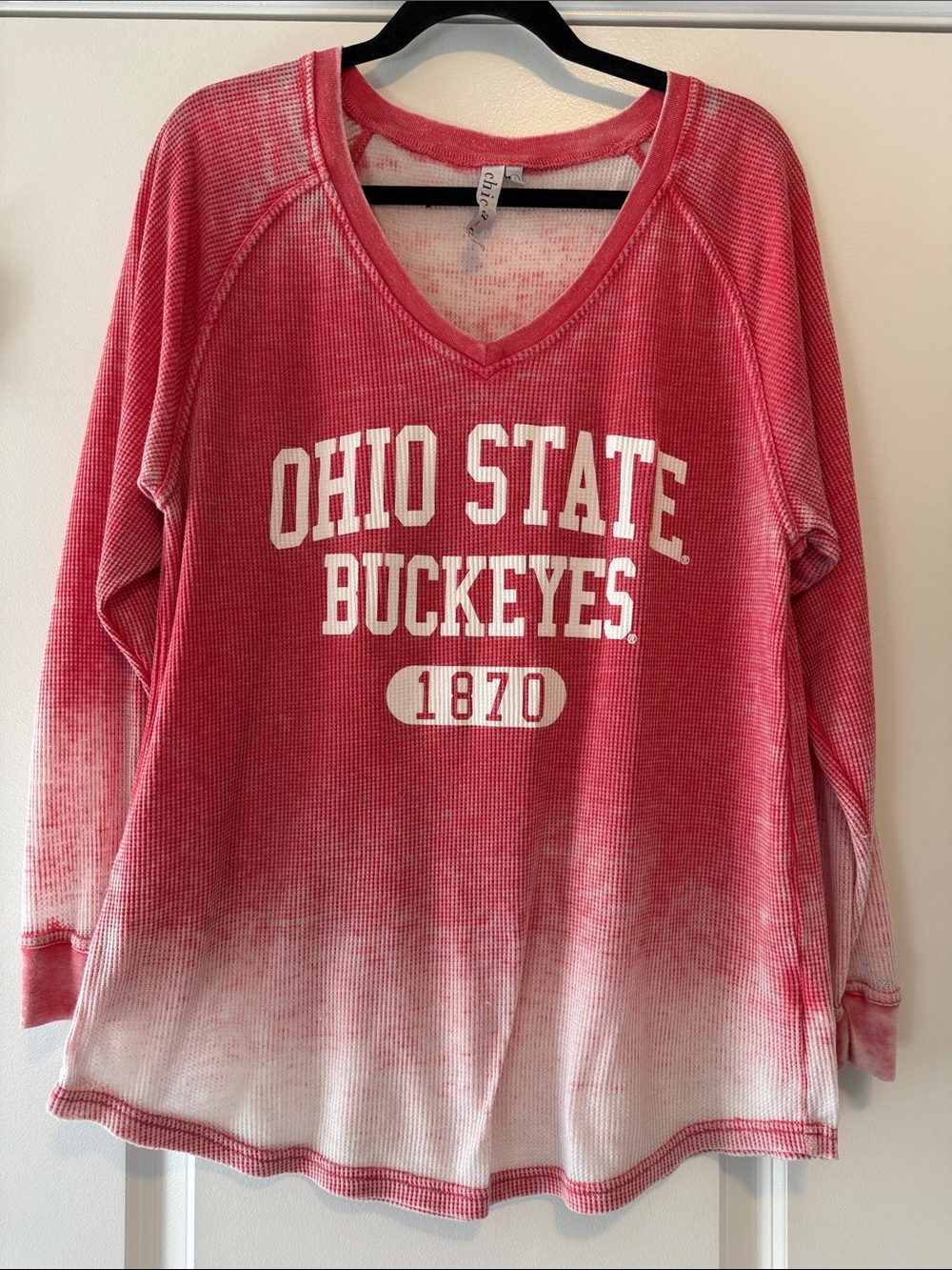 Ohio State Buckeyes Red Ombre Waffle V-Neck Long Sleeve Top